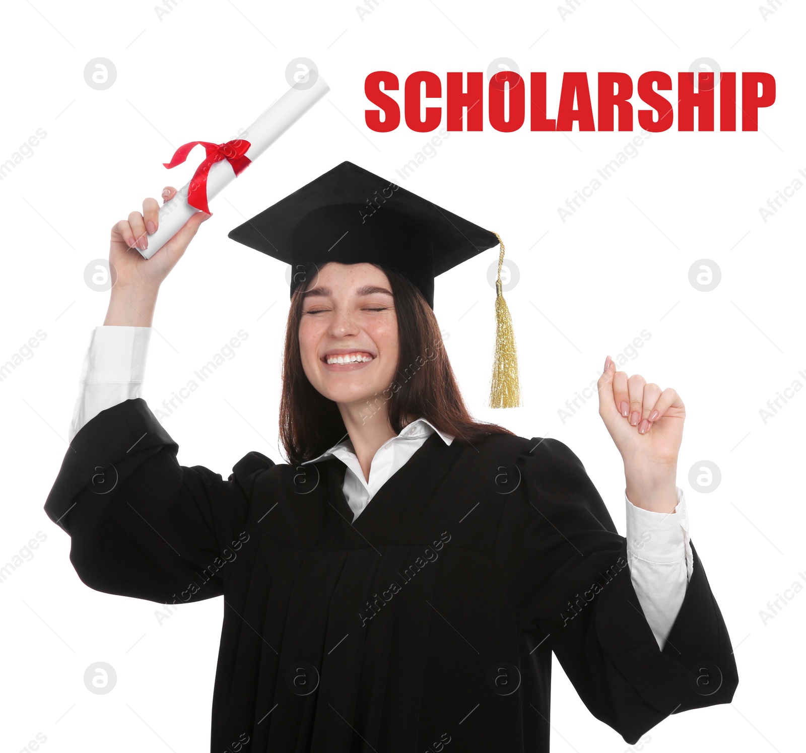 Image of Scholarship concept. Happy student in academic dress with diploma on white background