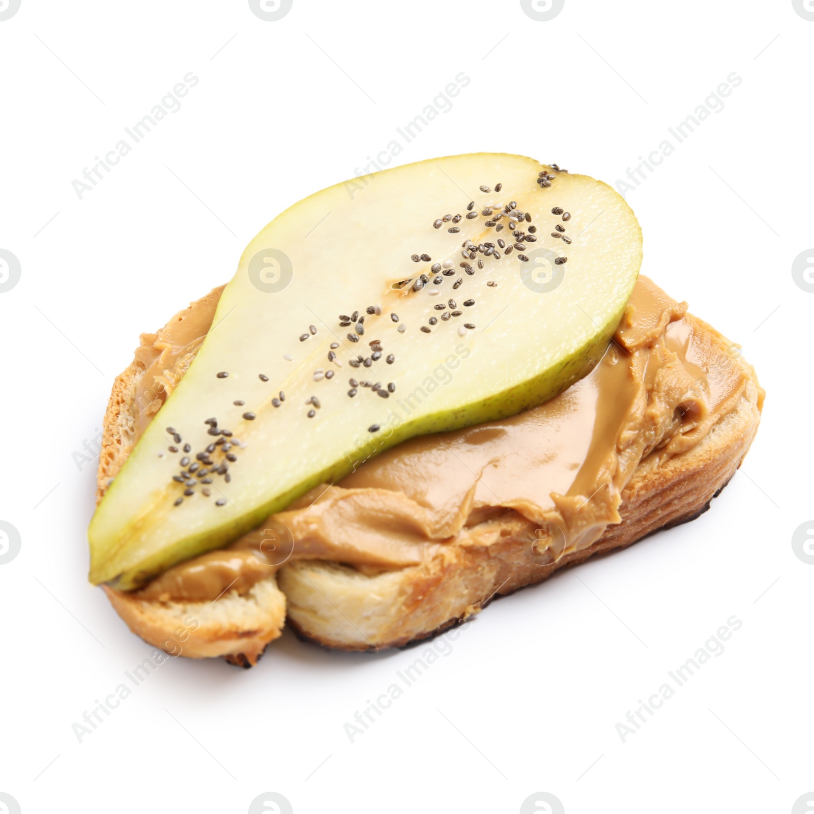 Photo of Tasty toast with pear, peanut butter and chia seeds on white background