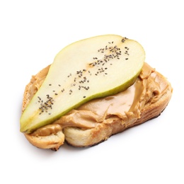 Tasty toast with pear, peanut butter and chia seeds on white background