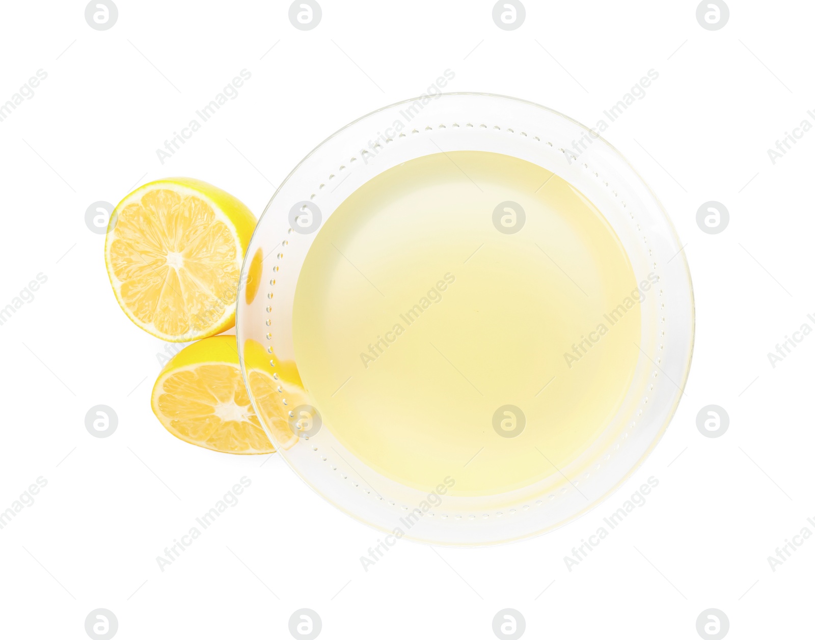 Photo of Freshly squeezed lemon juice on white background, top view