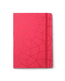 Photo of Stylish pink notebook isolated on white, top view