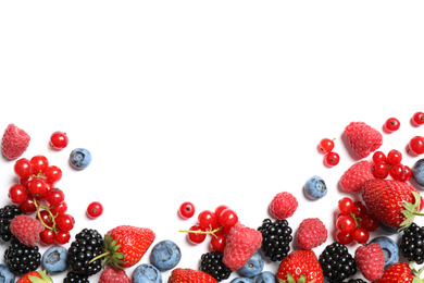 Photo of Mix of fresh berries on white background, flat lay