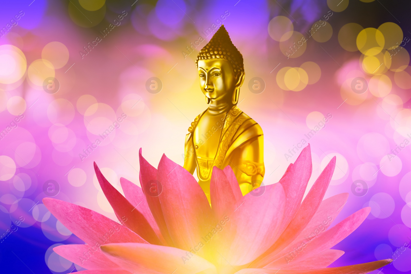 Image of Buddha figure in lotus flower on bright background, bokeh effect