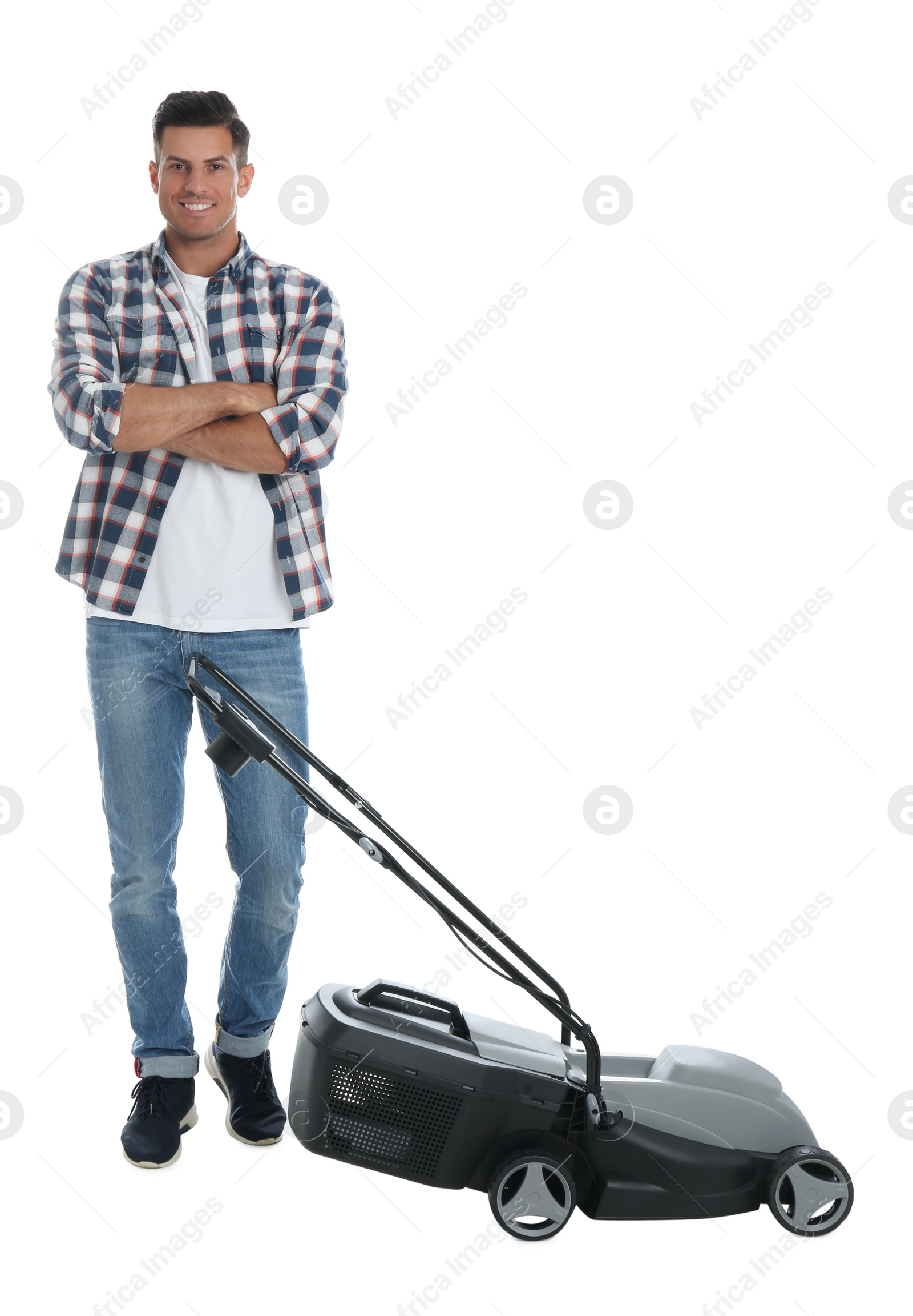 Photo of Man with modern lawn mower on white background