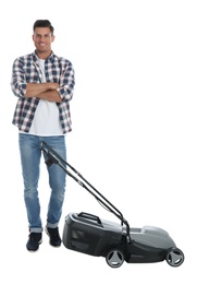 Photo of Man with modern lawn mower on white background