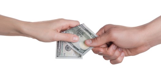 Money exchange. Man giving dollar banknote to woman on white background, closeup