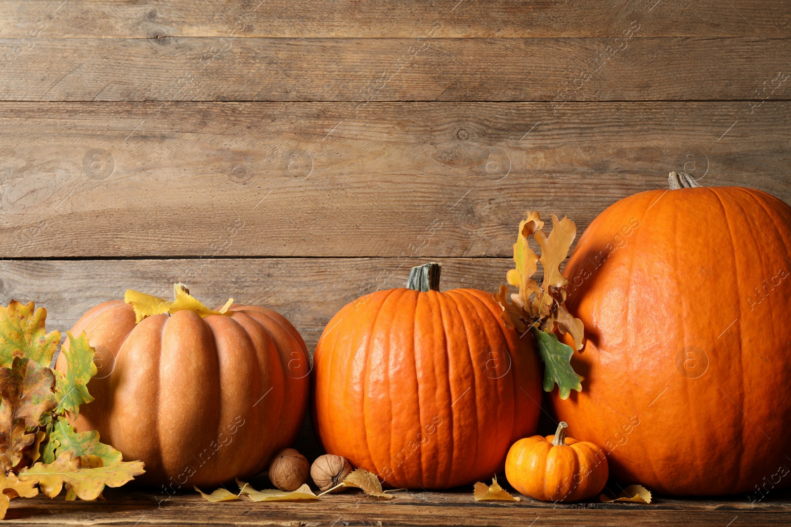 Photo of Ripe pumpkins, walnuts and autumn leaves on wooden table. Happy Thanksgiving day