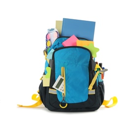 Blue backpack with different school stationery on white background