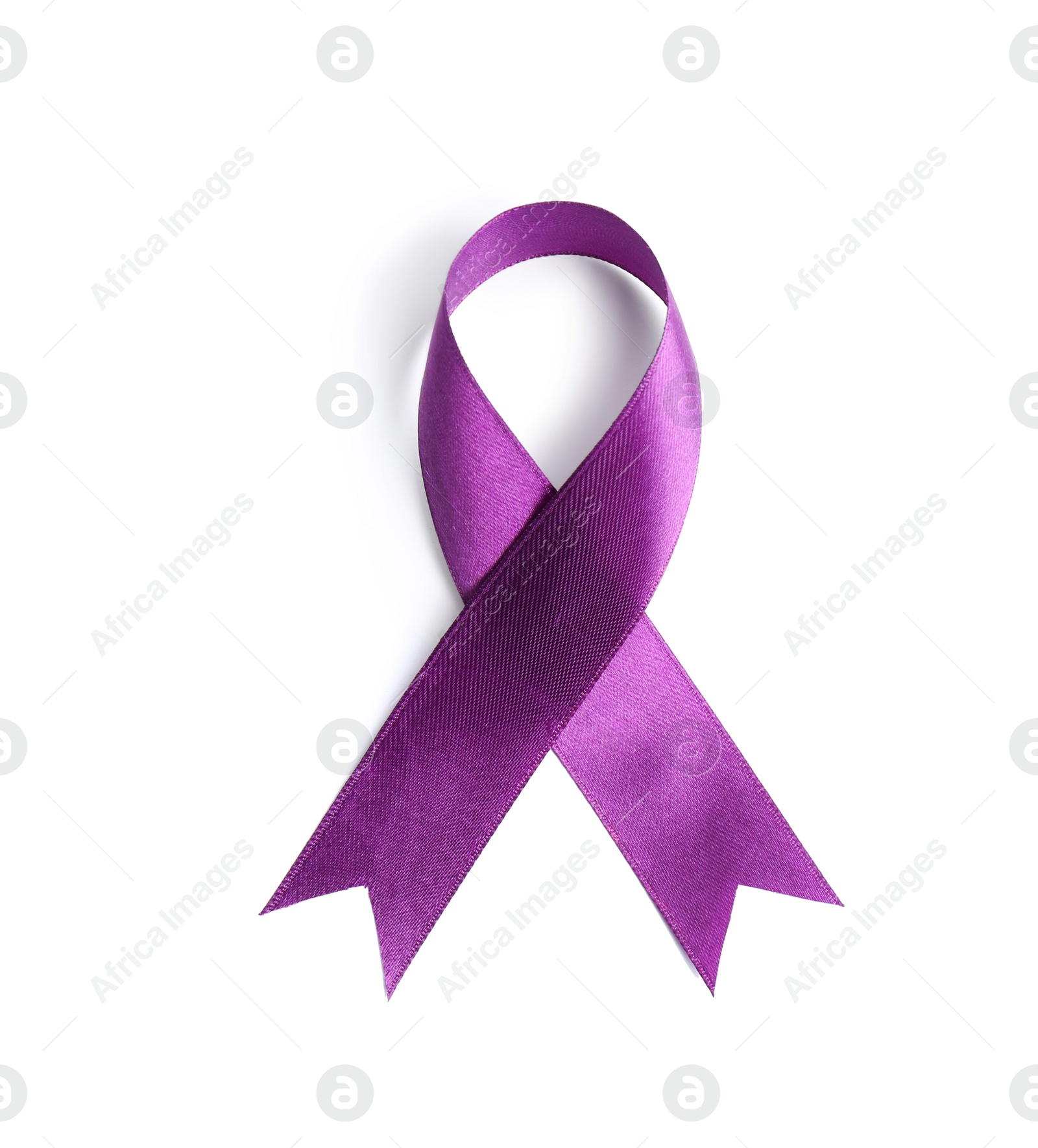 Photo of Purple awareness ribbon on white background, top view