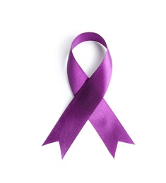 Photo of Purple awareness ribbon on white background, top view