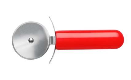 Photo of Sharp pizza cutter isolated on white. Kitchen utensil