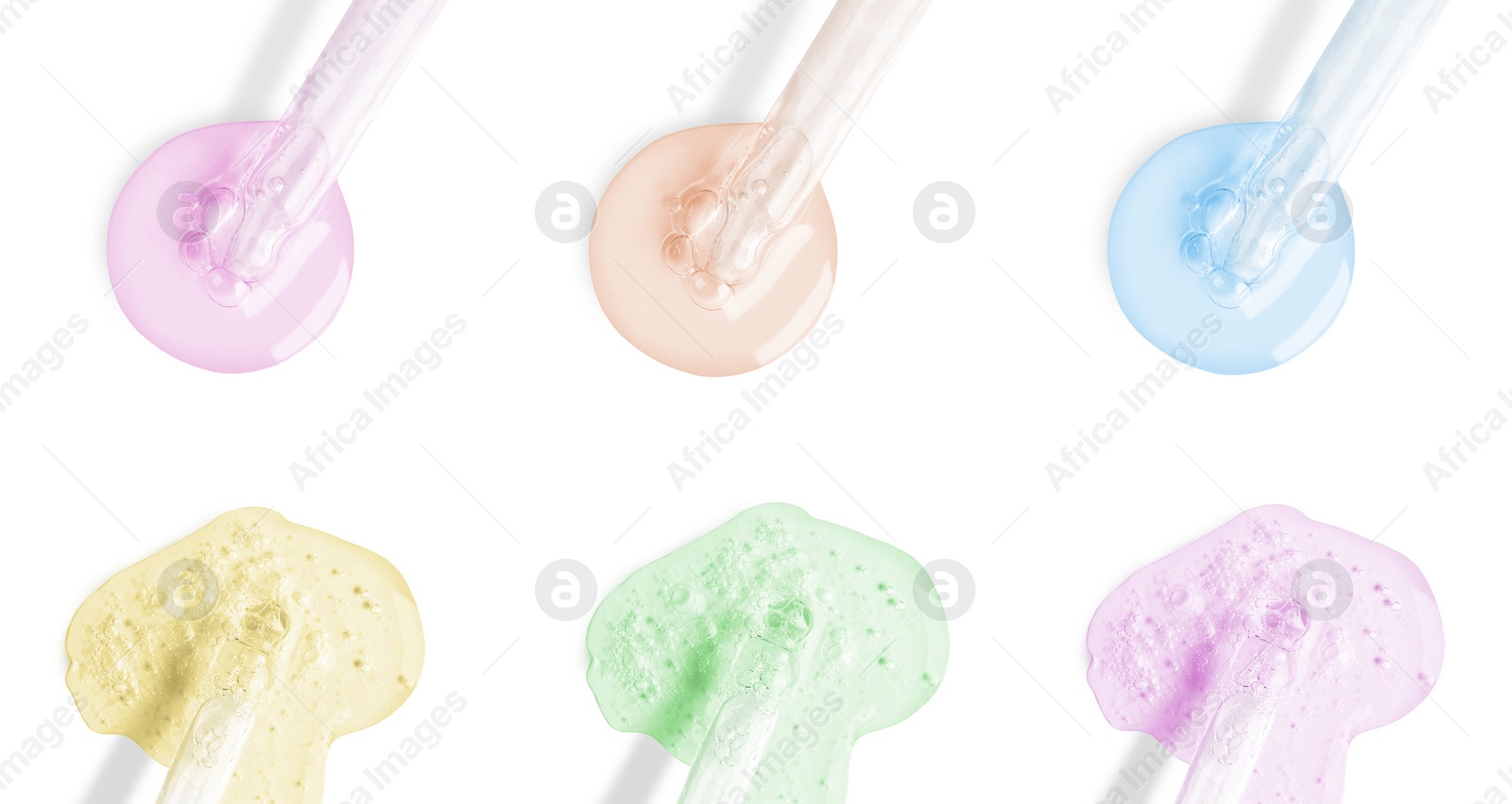 Image of Droppers with serum on white background, top view. Skin care product