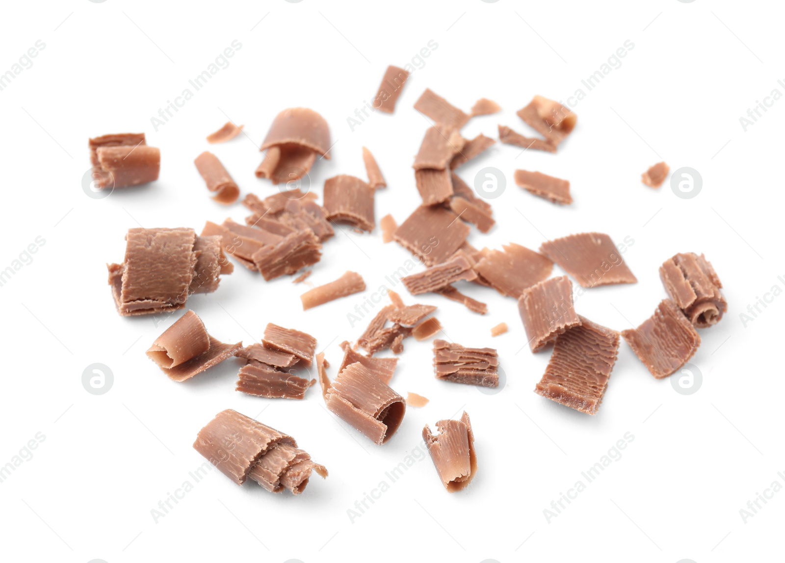 Photo of Many tasty chocolate shavings isolated on white