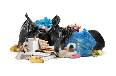 Image of Environment. Garbage and pile of plastic bags on white background