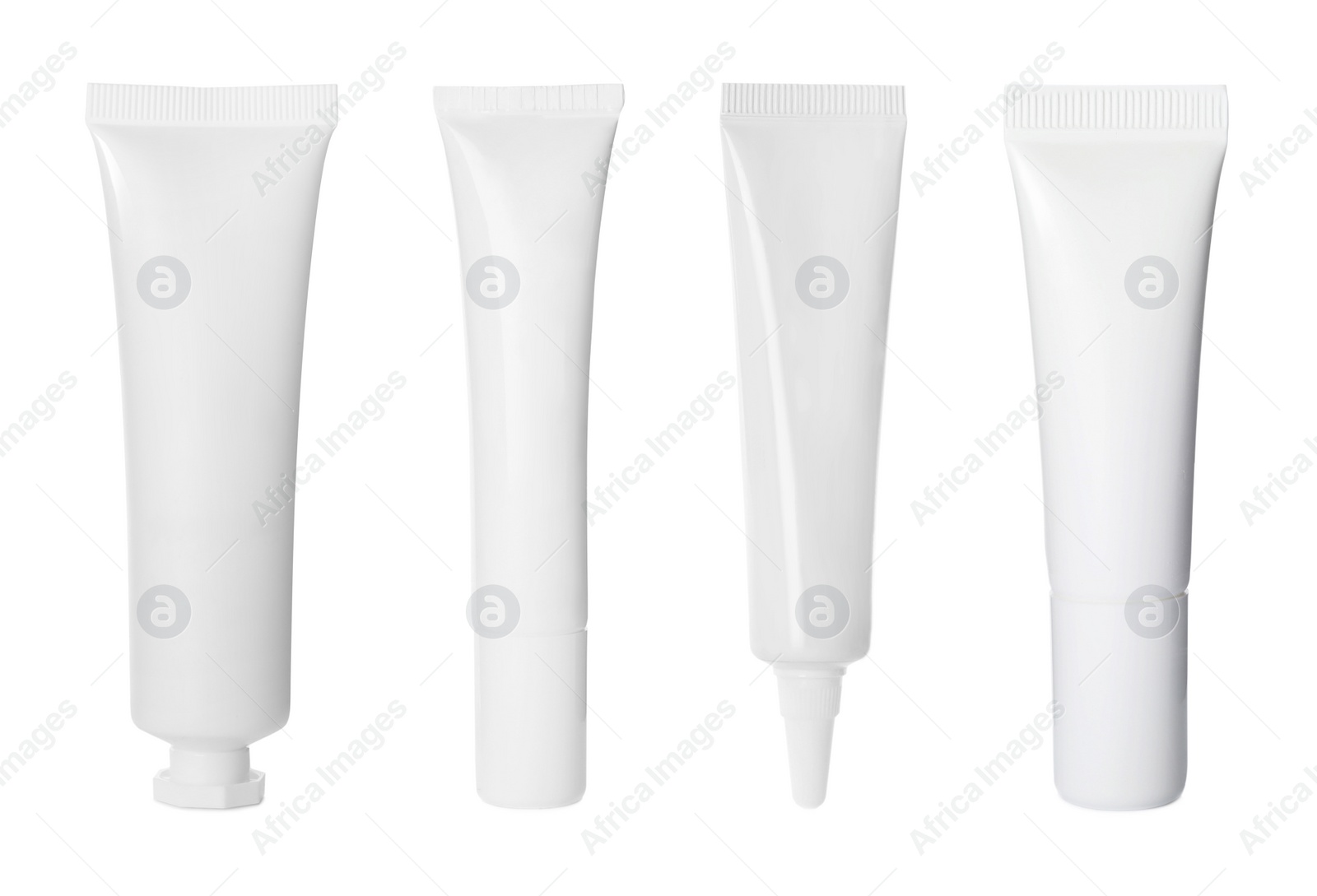 Image of Set with blank tubes of cosmetic products on white background. Mockup for design