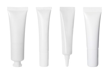 Image of Set with blank tubes of cosmetic products on white background. Mockup for design