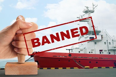 Image of Economic sanctions. Woman holding ban stamp. Ship moored in port