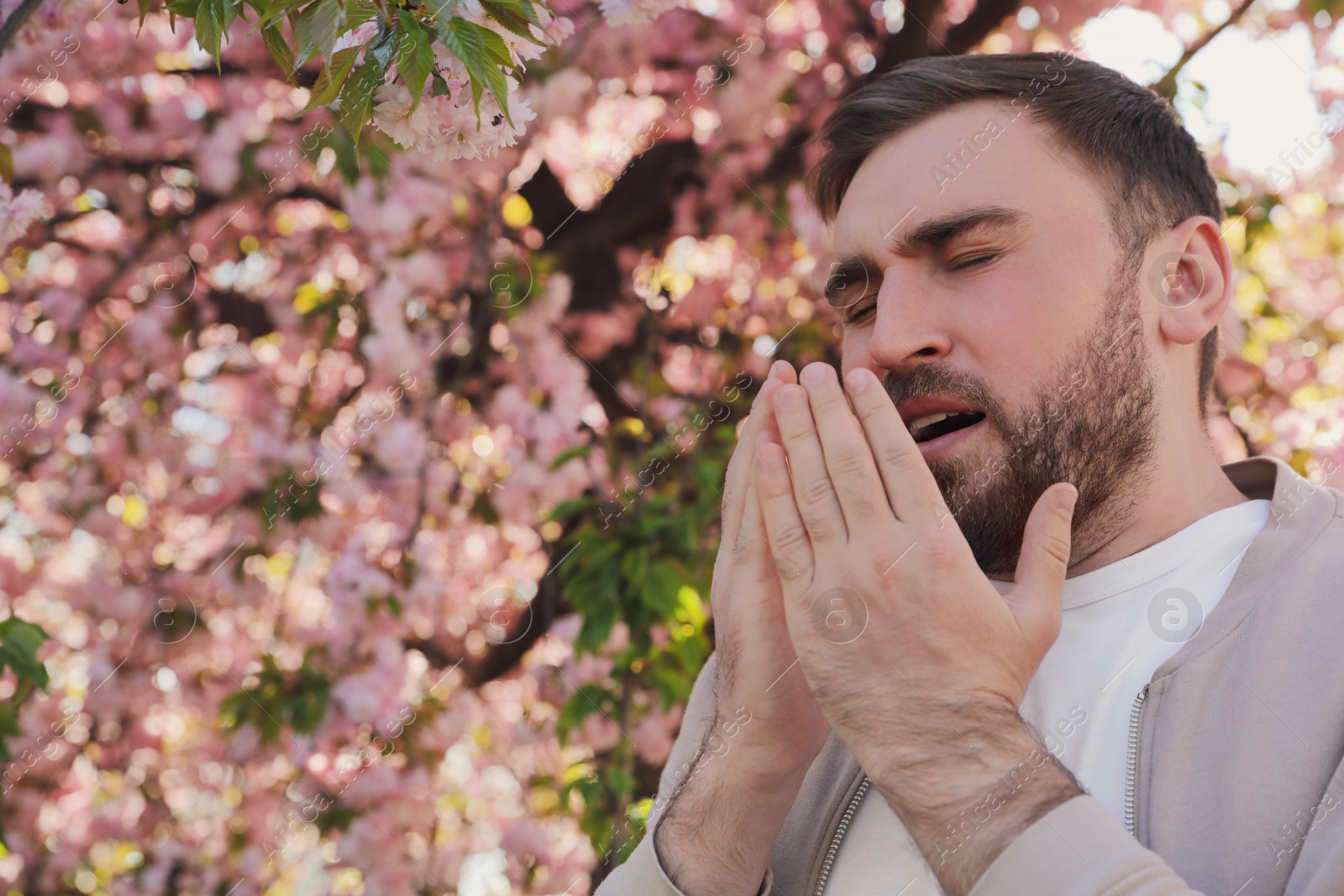 Photo of Man suffering from seasonal pollen allergy near blossoming tree outdoors