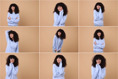 Image of Happy woman in warm sweater on beige background, set of photos