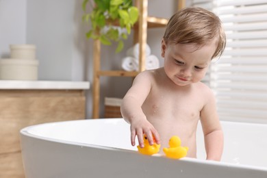 Photo of Cute little child playing with toy ducks in bathtub at home