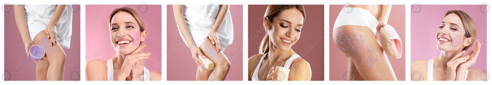 Image of Collage with photos of young women applying body scrubs on pink background, closeup. Banner design