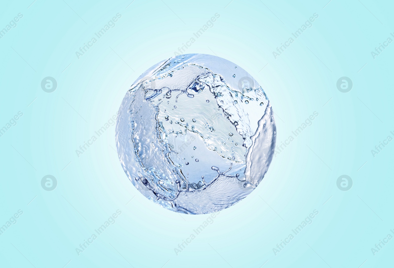 Illustration of Sphere made of water splashes on light blue background