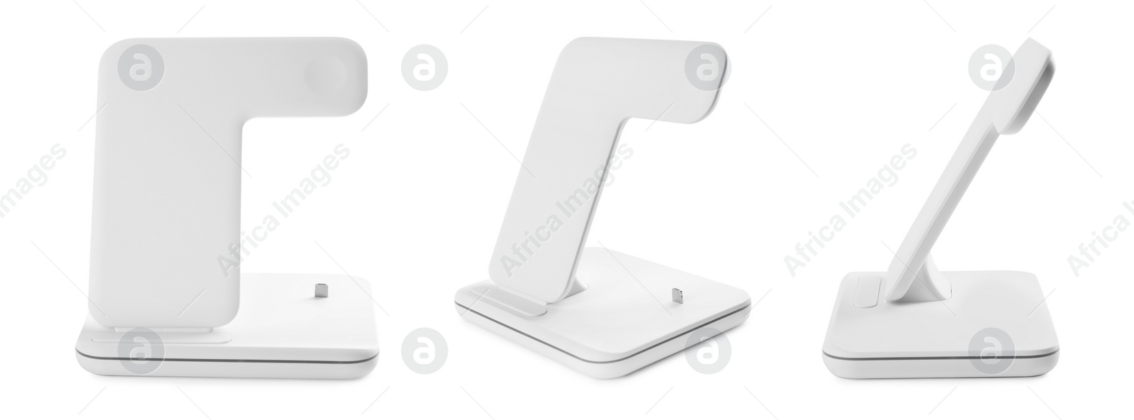 Image of Collage with wireless chargers on white background