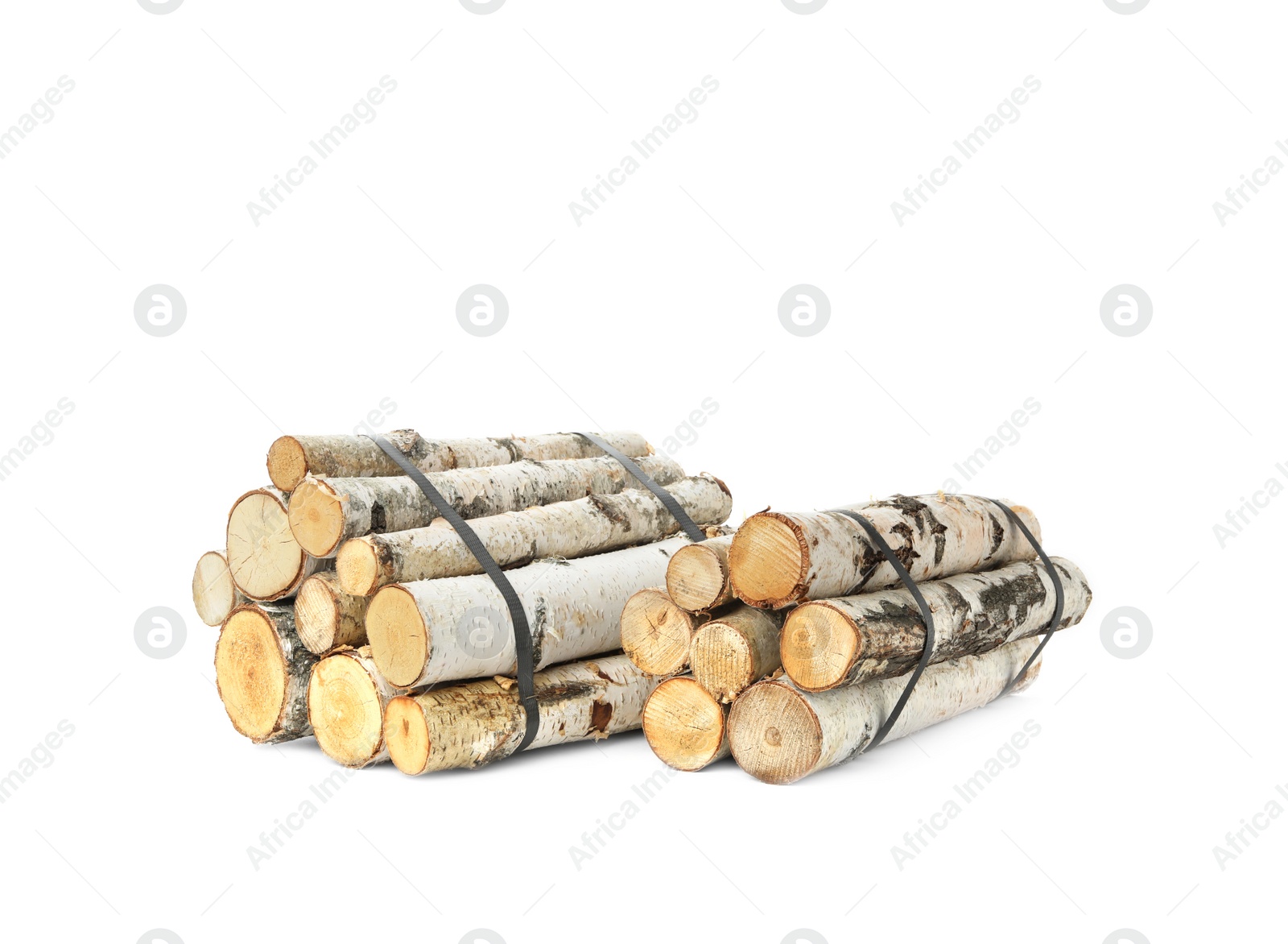 Photo of Bunches of cut firewood isolated on white