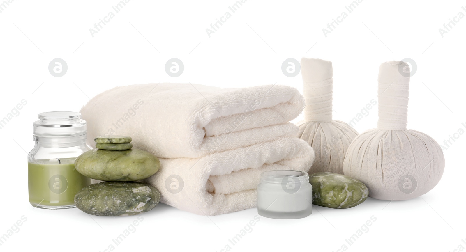 Photo of Beautiful composition with different spa products on white background