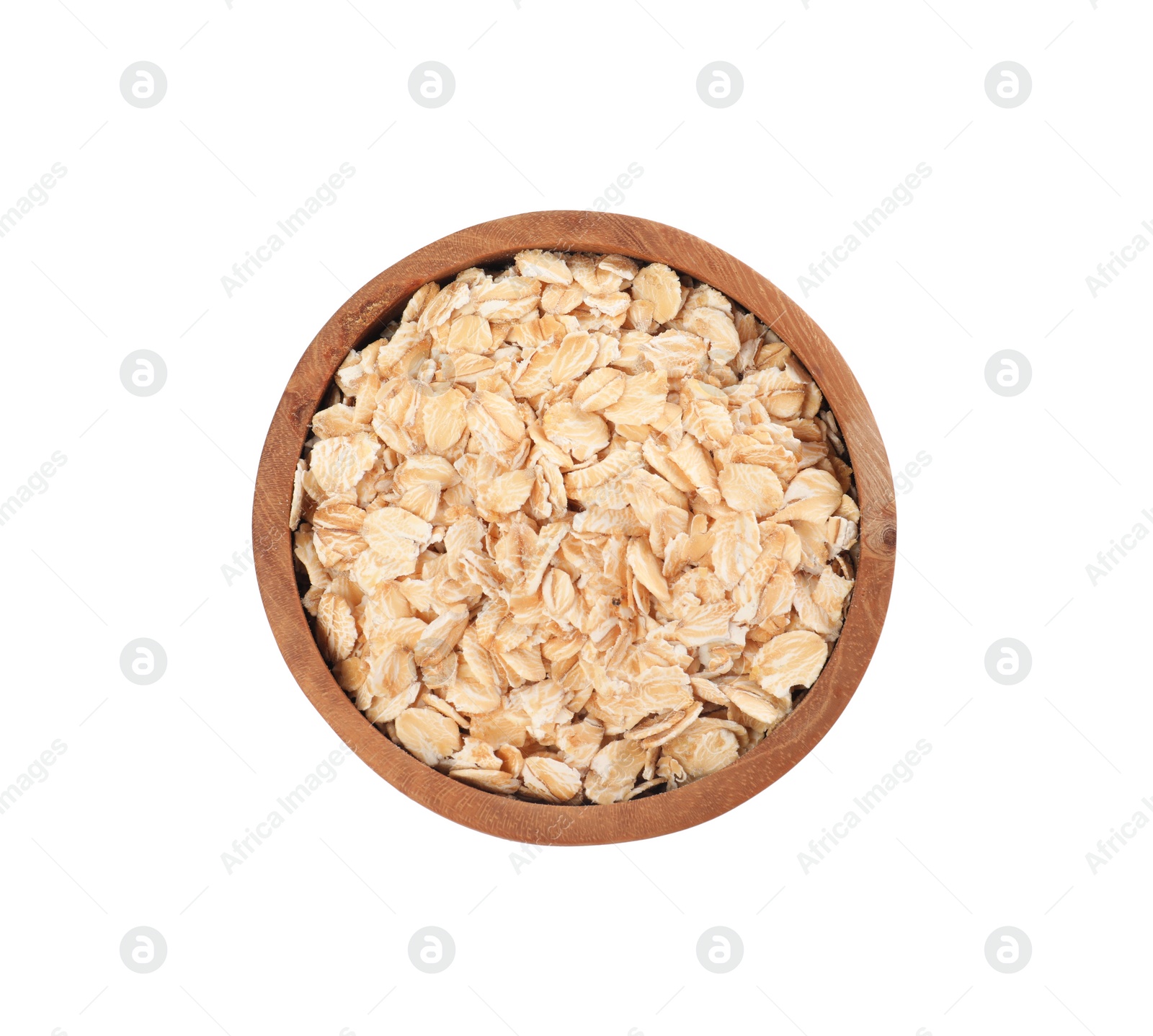 Photo of Wooden bowl of oatmeal isolated on white, top view