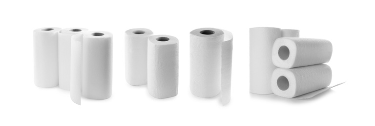 Image of Set of paper towels on white background. Banner design