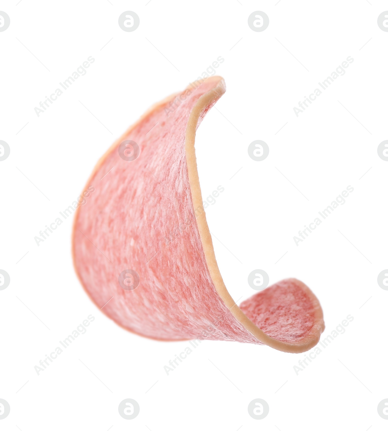 Photo of Piece of salami smoked sausage isolated on white