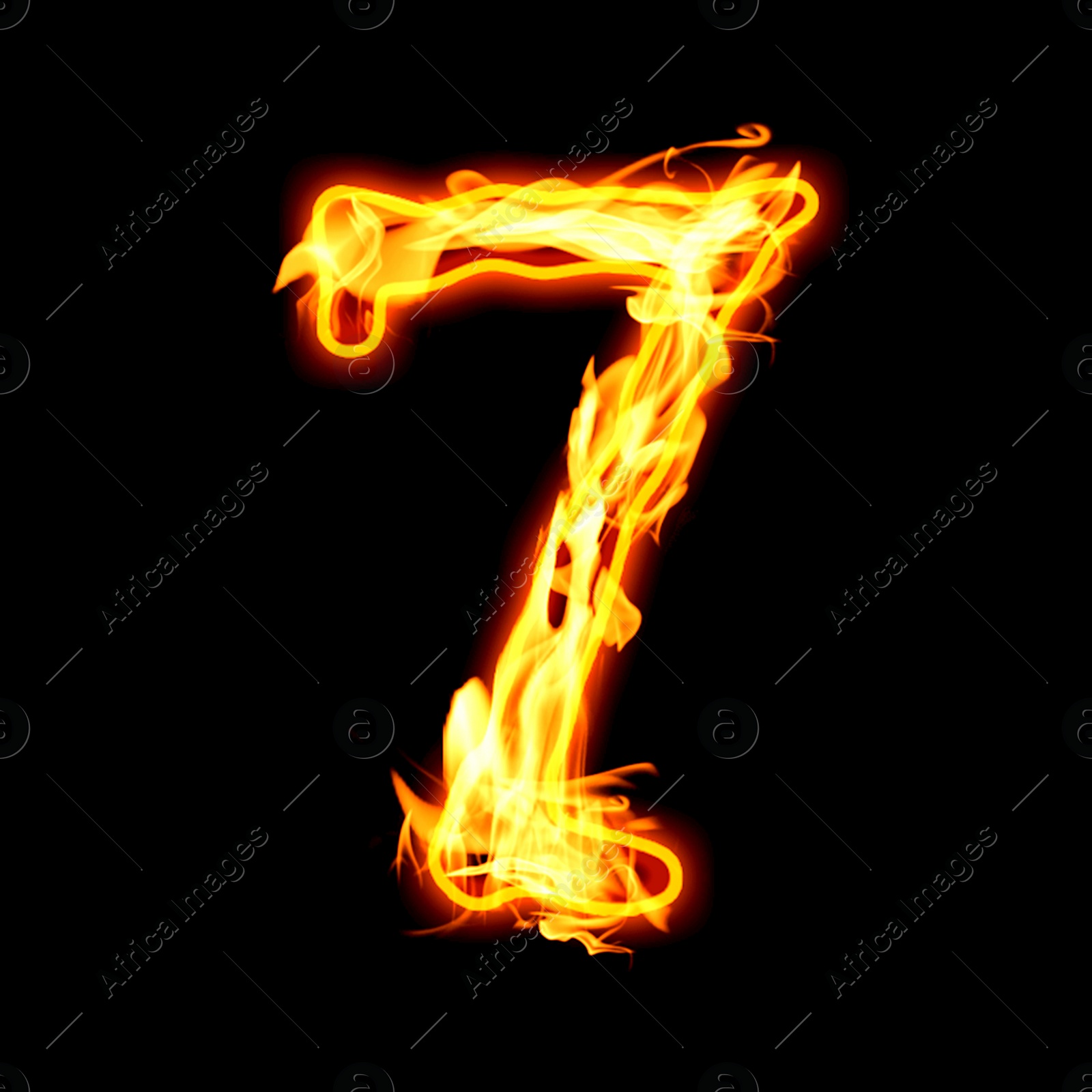 Image of Flaming 7 on black background. Stylized number design