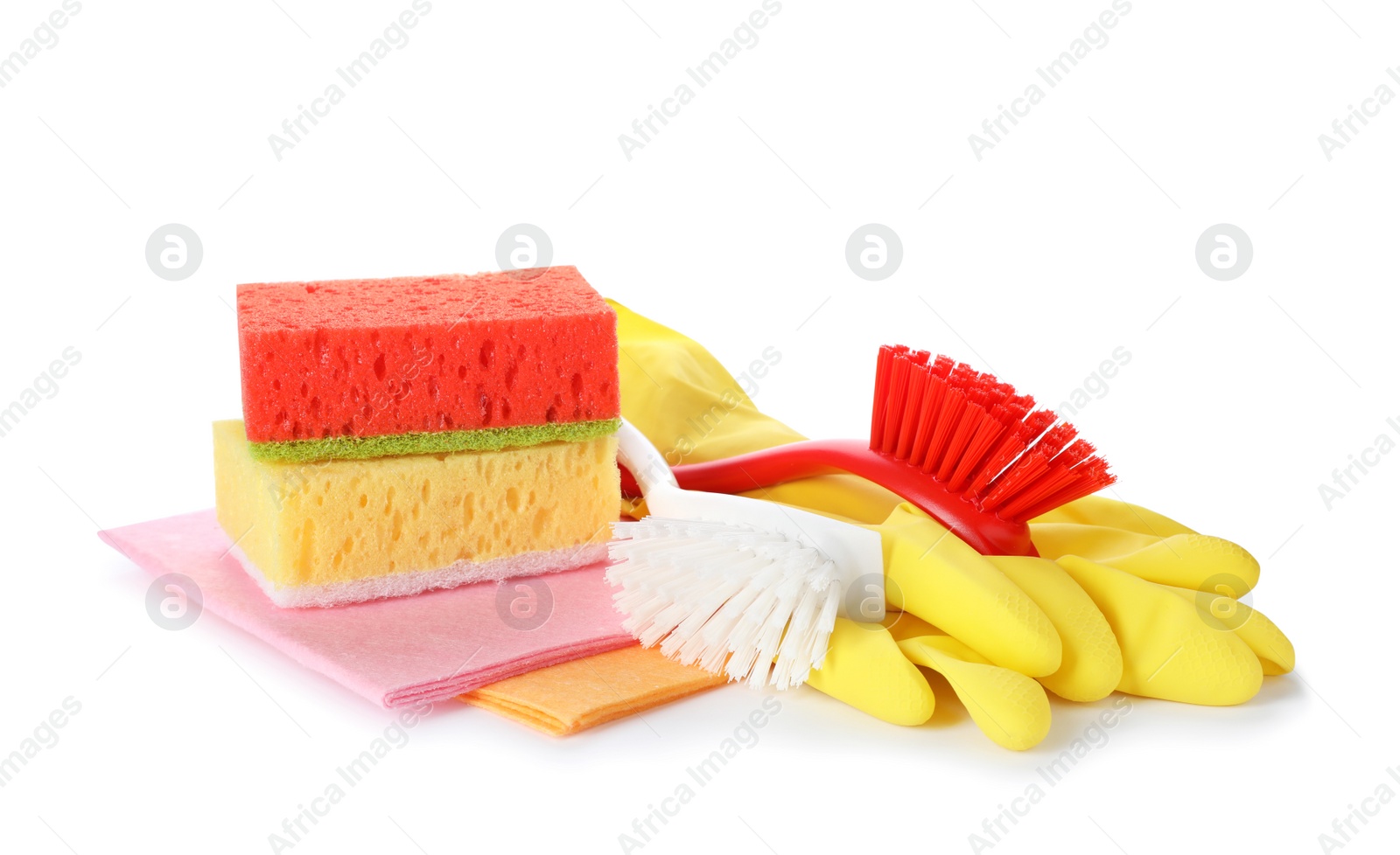 Photo of Cleaning supplies for dish washing on white background