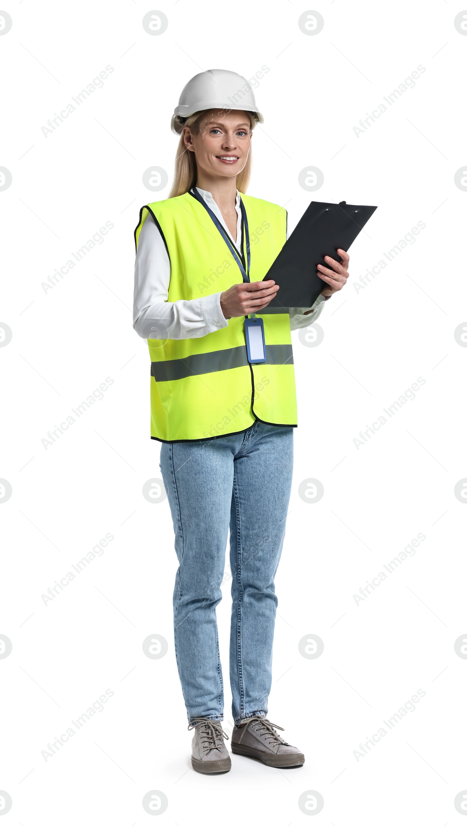 Photo of Engineer in hard hat holding clipboard on white background