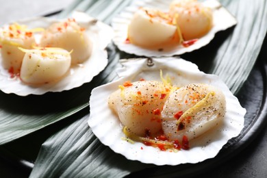 Photo of Raw scallops with spices, lemon zest and shells on table, closeup