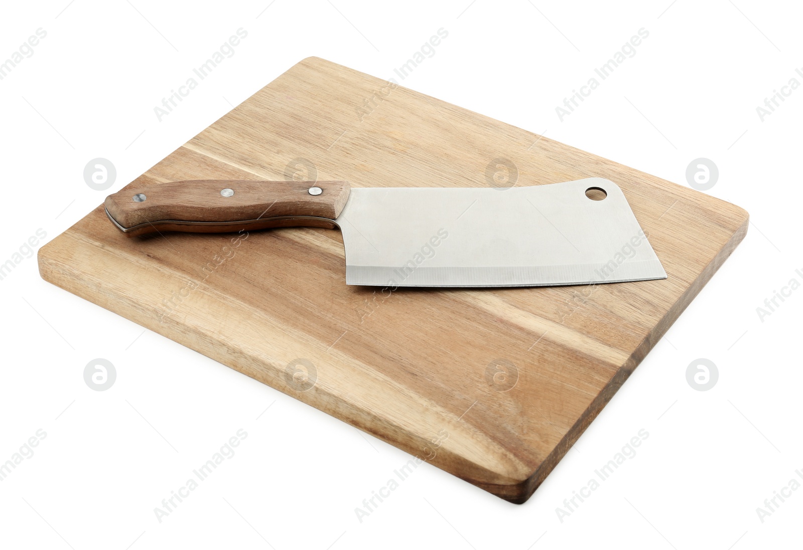 Photo of Large sharp cleaver knife with wooden board isolated on white