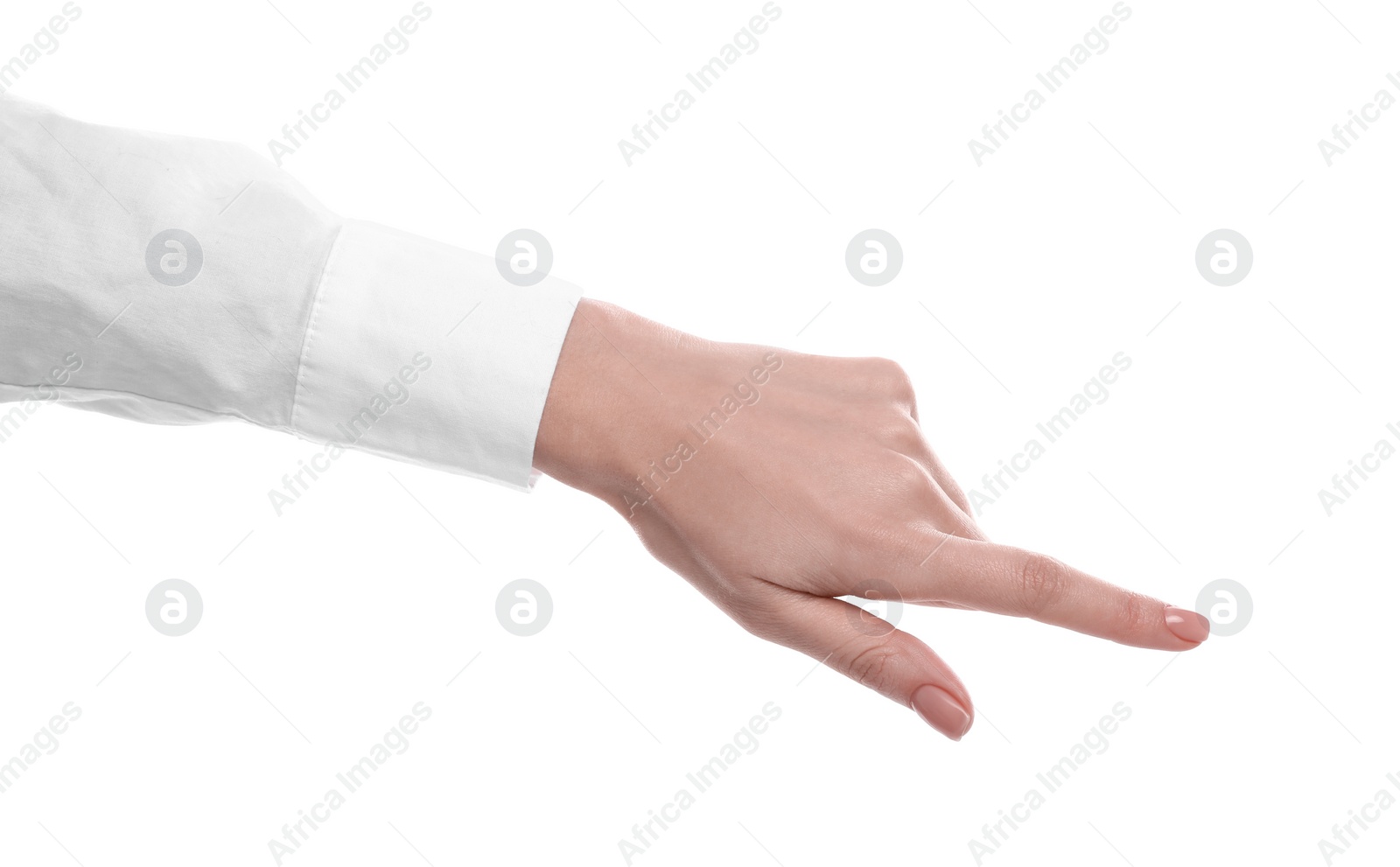 Photo of Woman pointing with index finger on white background, closeup