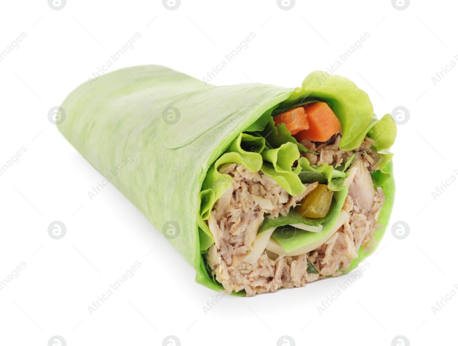 Photo of Delicious tortilla wrap with tuna isolated on white