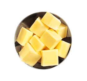 Photo of Bowl with cubes of fresh butter on white background, top view