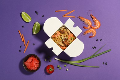 Flat lay composition with noodle wok and ingredients on purple background