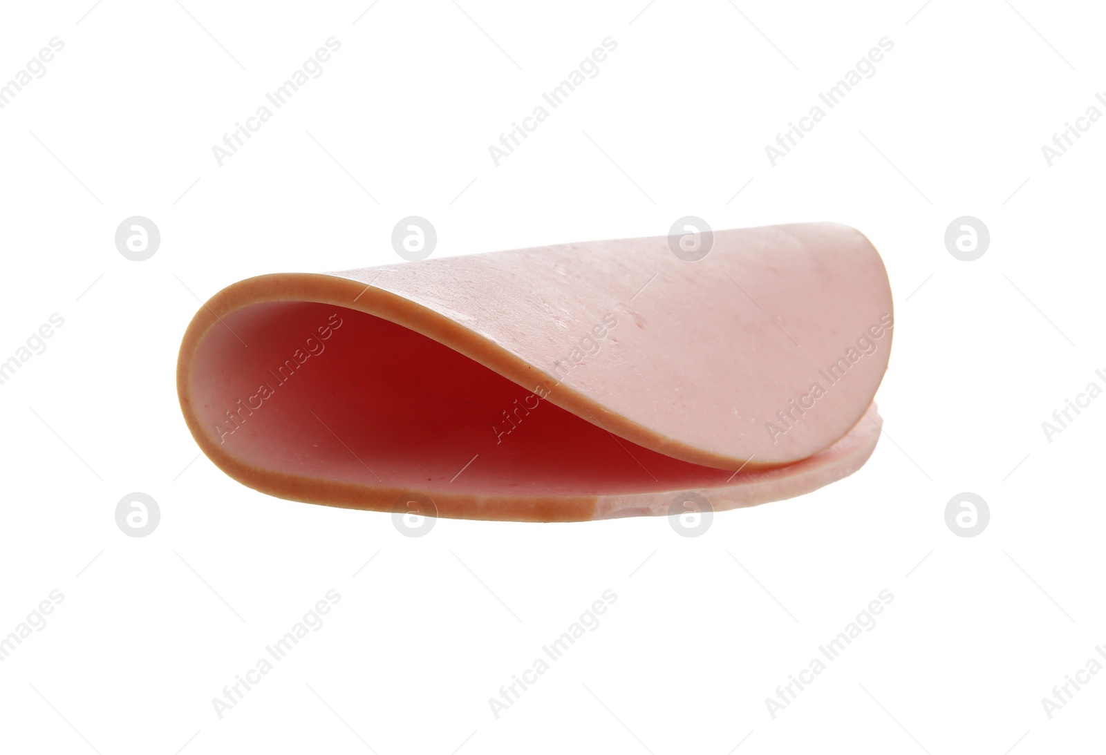 Photo of Slice of tasty boiled sausage isolated on white