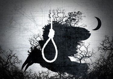 Image of Rope noose with knot outline and illustration of creepy crow and crescent on background
