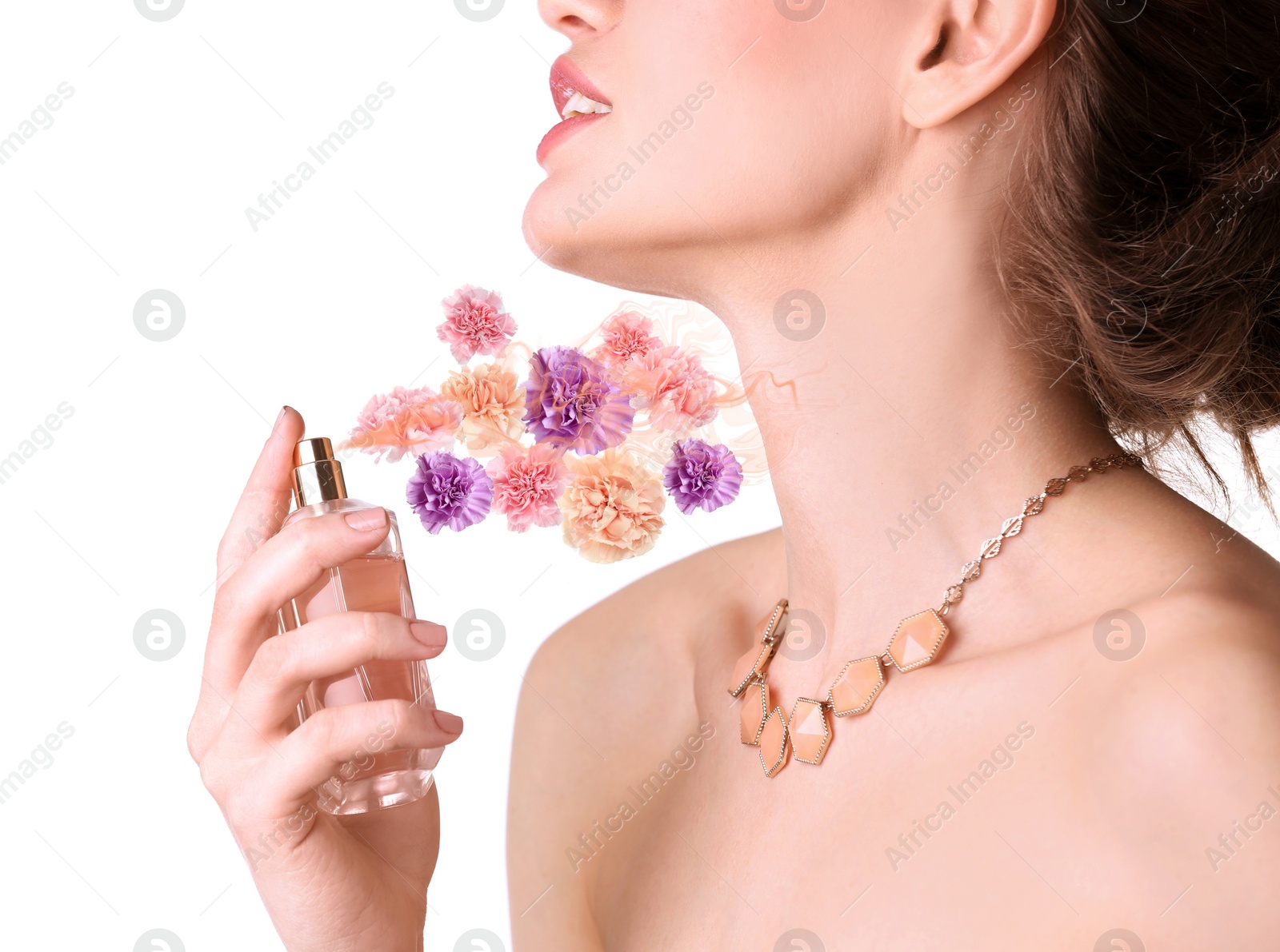 Image of Beautiful woman applying perfume with floral scent on white background , closeup