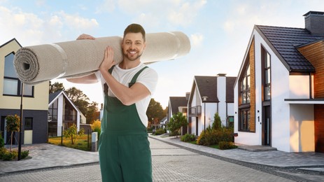 Worker with rolled carpet outdoors on sunny day. Banner design