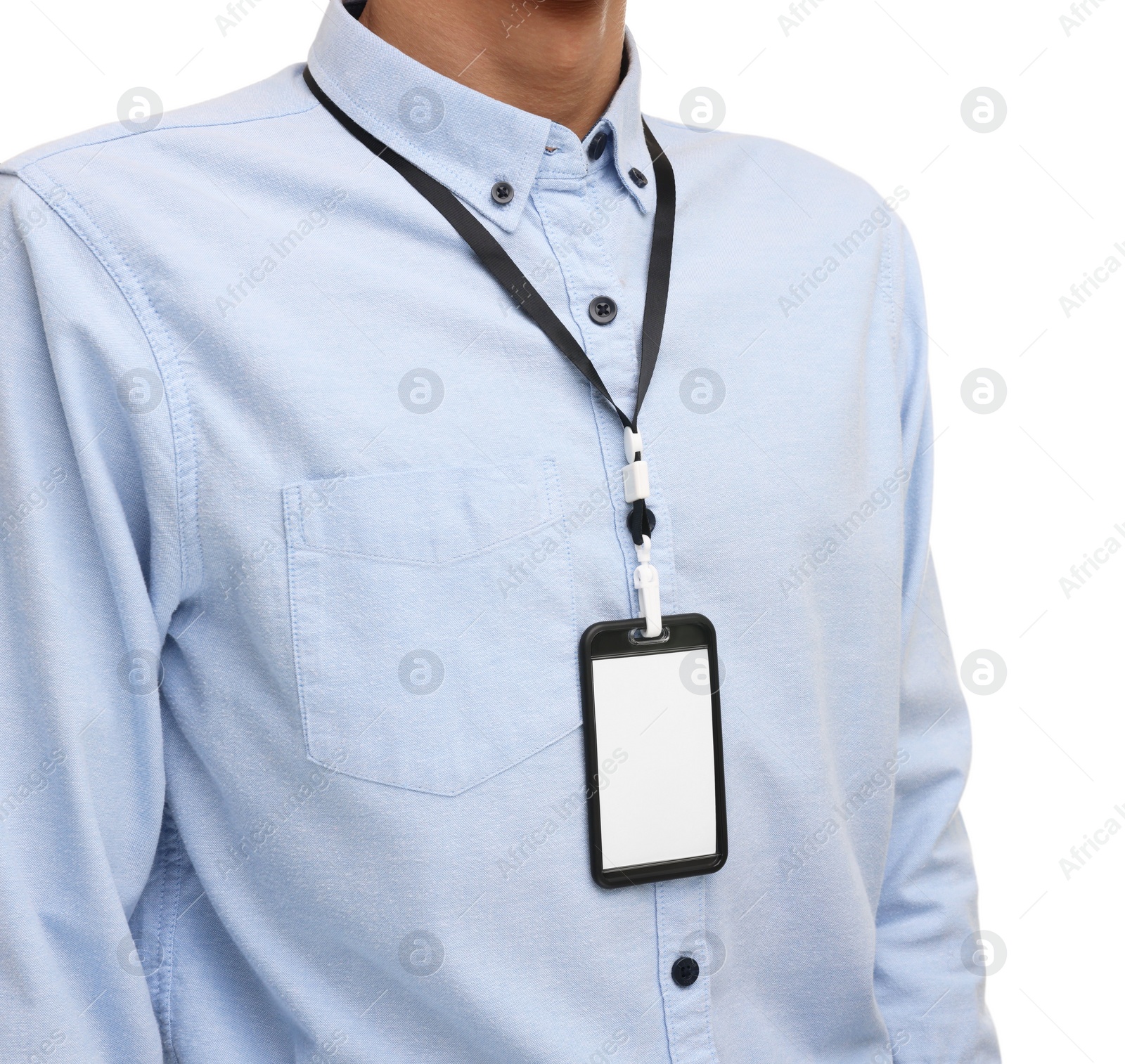 Photo of Man with blank badge on white background, closeup