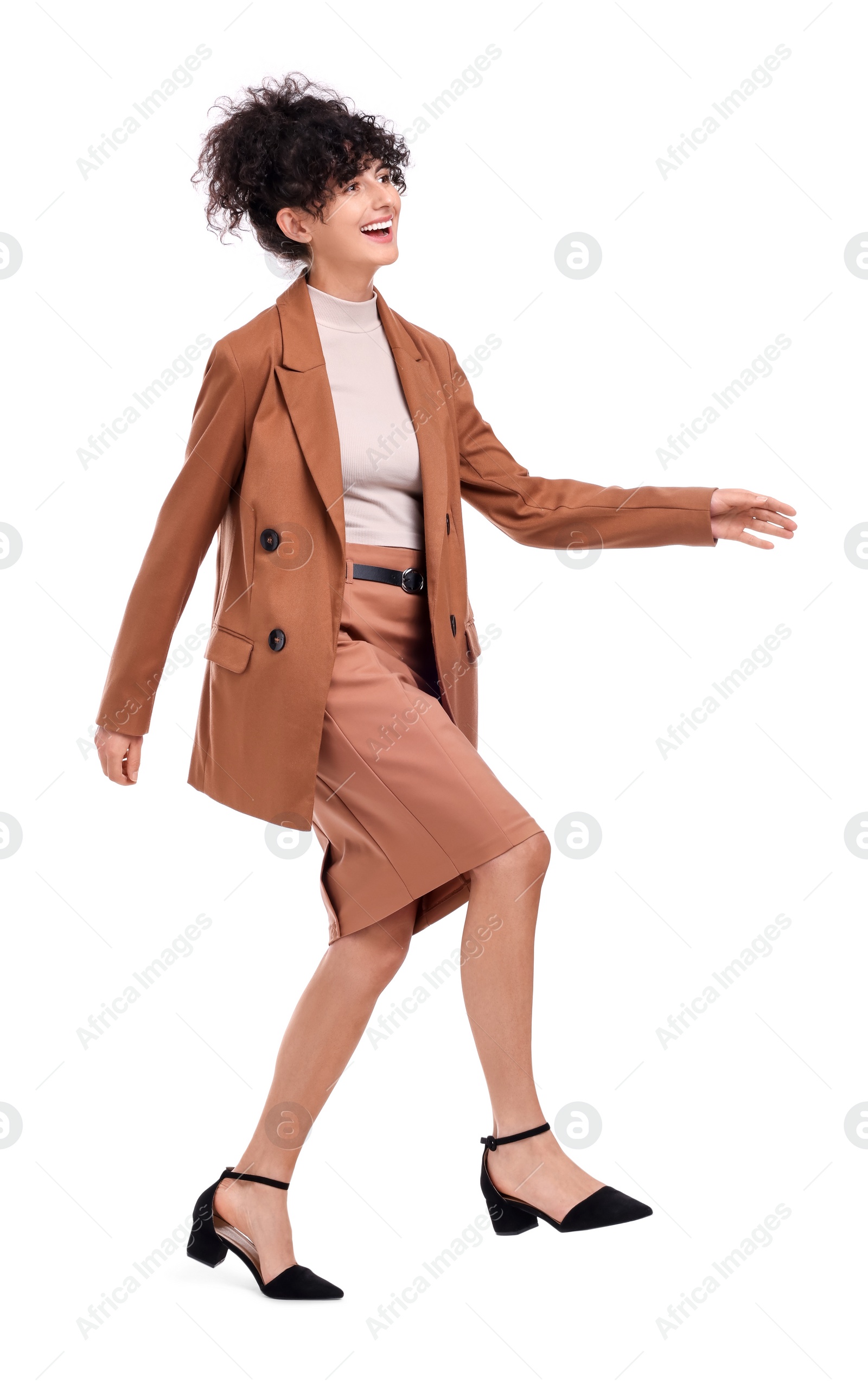 Photo of Beautiful emotional businesswoman posing on white background