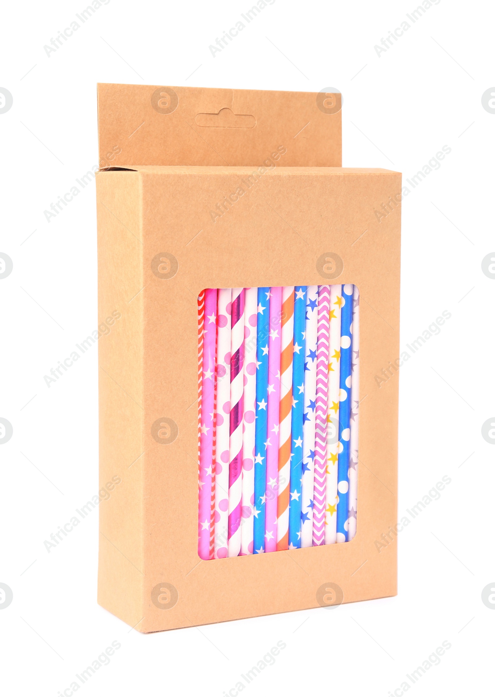 Photo of Box with many paper drinking straws isolated on white