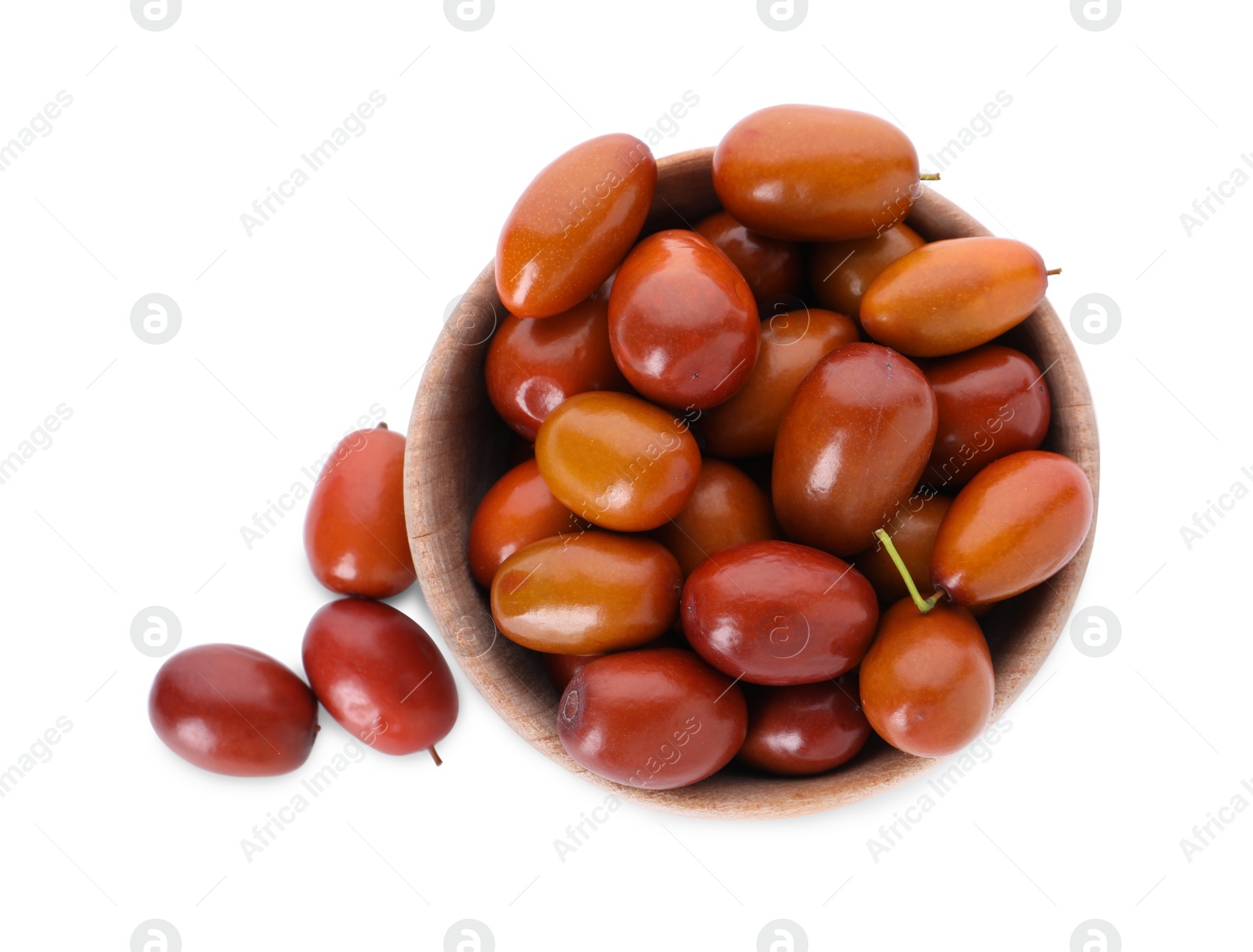 Photo of Ripe red dates in bowl on white background, top view