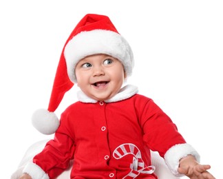 Photo of Cute baby in Christmas costume on white background